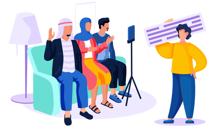 Menschen arabischer Nationalität geben Interviews vor der Kamera und Mann mit Schild mit Text in den Händen  Illustration