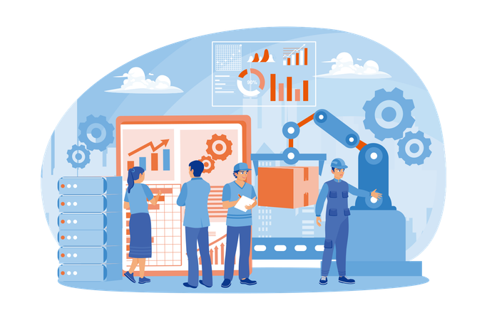 Menschen arbeiten in intelligenten Fabriken mit drahtloser Technologie zur Steuerung  Illustration