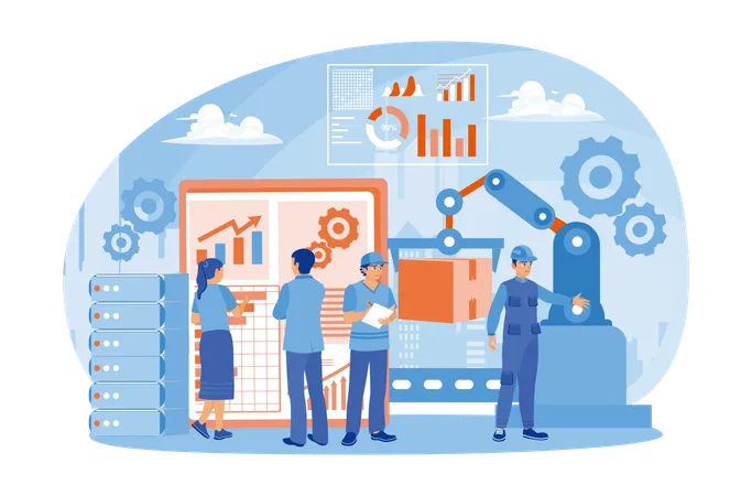 Menschen arbeiten in intelligenten Fabriken mit drahtloser Technologie zur Steuerung  Illustration