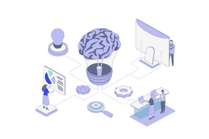 Menschen, die denken und neue Ideen entwickeln, während sie nach erfolgreichen Innovationen suchen  Illustration