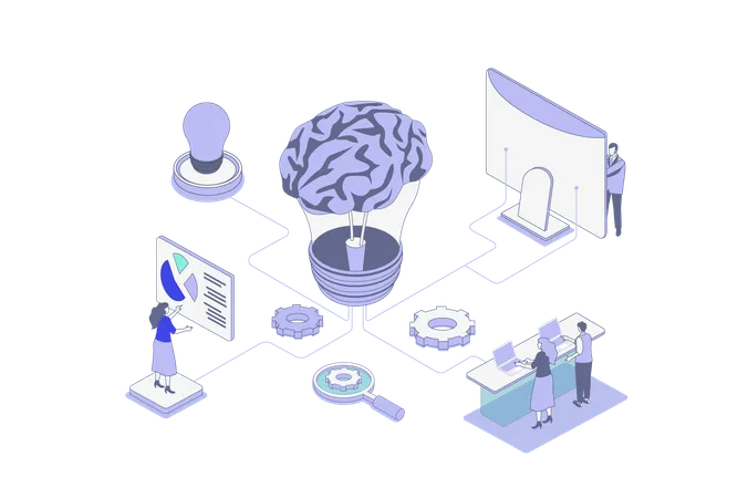 Menschen, die denken und neue Ideen entwickeln, während sie nach erfolgreichen Innovationen suchen  Illustration