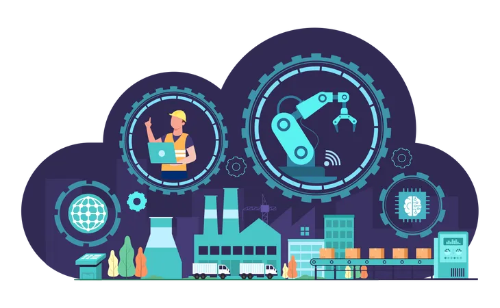 Menschen, die mit High-Tech-Technologiesystemen arbeiten  Illustration