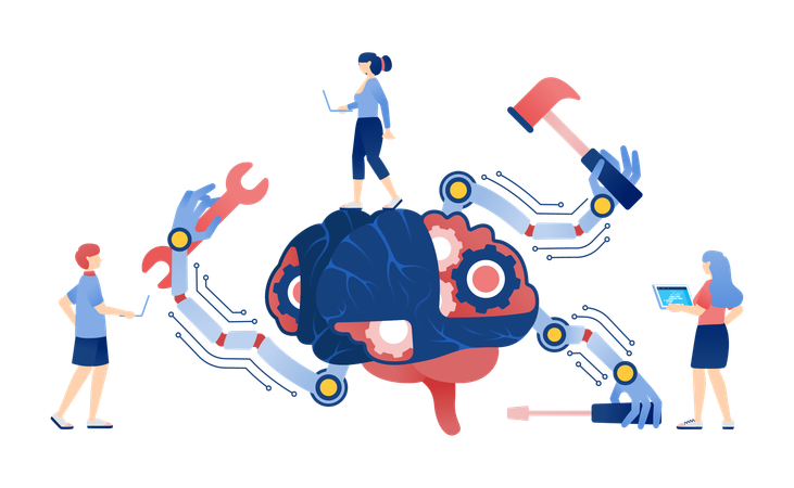 Menschen entwickeln selbstreparierende Lernmaschinen mit Roboterhänden und -werkzeugen  Illustration