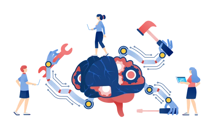 Menschen entwickeln selbstreparierende Lernmaschinen mit Roboterhänden und -werkzeugen  Illustration