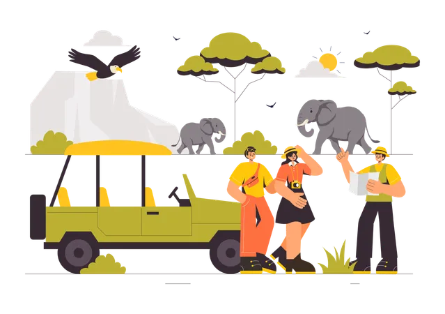 Menschen, die eine Wildtiersafari erleben  Illustration