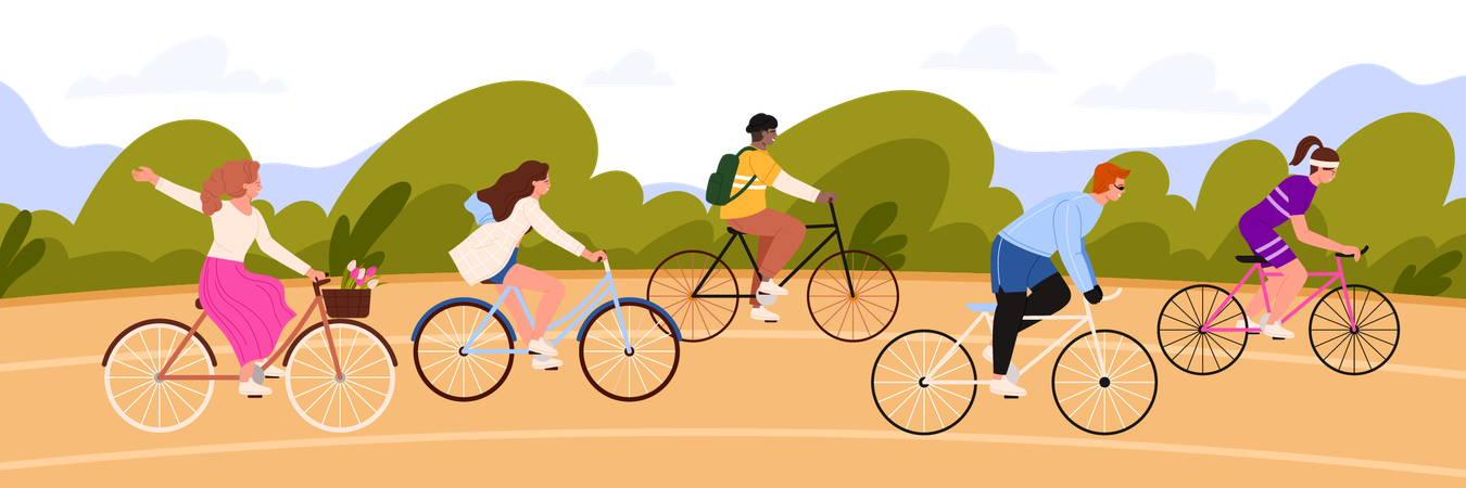 Menschen fahren Fahrräder bei Radrennen in der Natur  Illustration