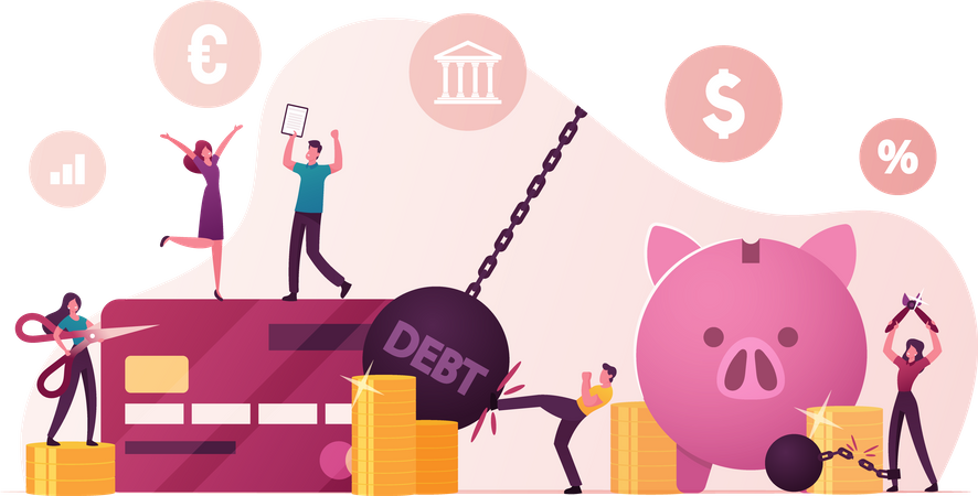 Menschen freuen sich über Befreiung von Geldschulden und finanzielle Freiheit  Illustration