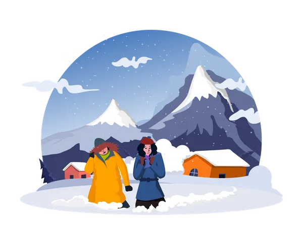 Menschen gehen im Schnee  Illustration