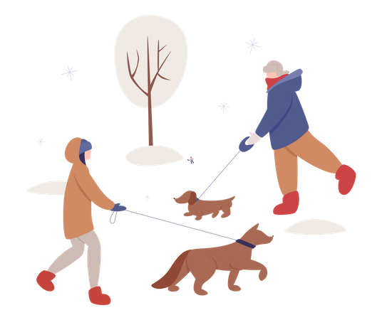 Menschen, die im Winter mit Haustieren spazieren gehen  Illustration