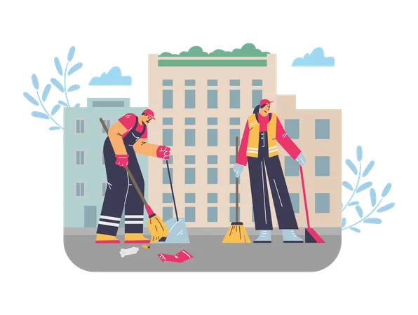 Hausmeister mit Besen und Schaufel im Stadtbild  Illustration