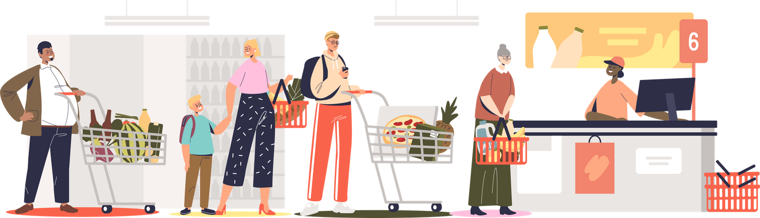 Menschen im Lebensmittelgeschäft warten an der Kasse darauf, für Lebensmittel zu bezahlen  Illustration