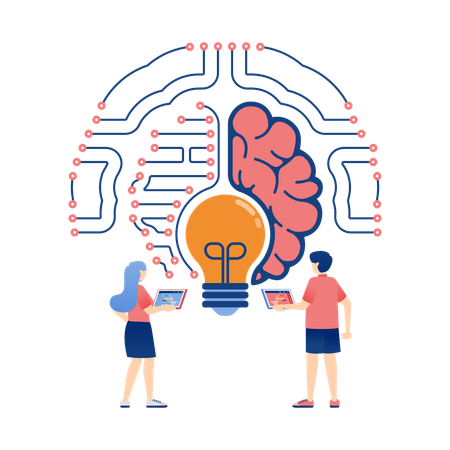 Menschen im Netzwerk auf der Suche nach Ideen und Wissen mit Gehirn- und Lichtsymbolen  Illustration