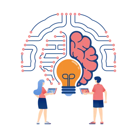 Menschen im Netzwerk auf der Suche nach Ideen und Wissen mit Gehirn- und Lichtsymbolen  Illustration