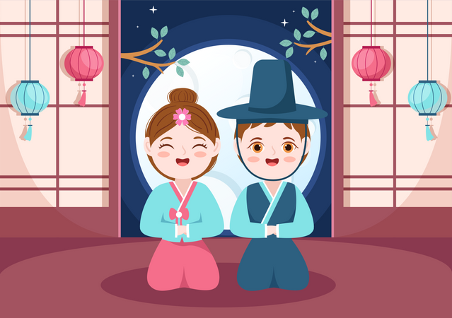 Menschen im traditionellen Hanbok am Chuseok-Tag  Illustration