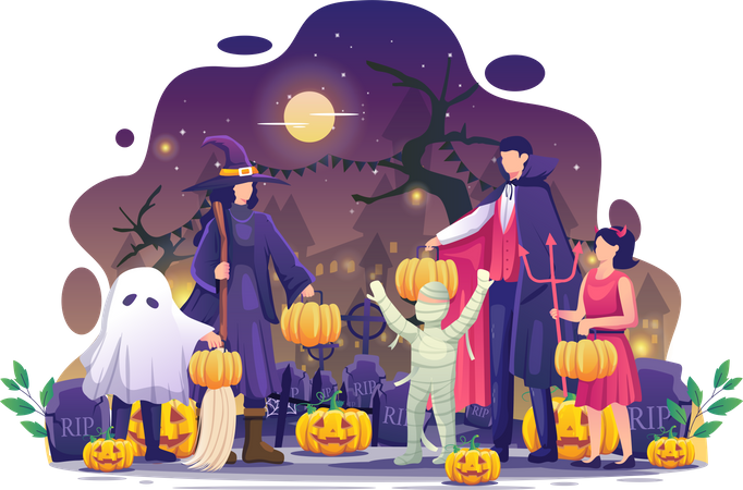 Menschen in Halloweenkostümen tragen Kürbisse  Illustration