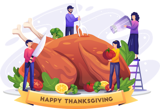 Menschen kochen und genießen Truthahn an Thanksgiving  Illustration