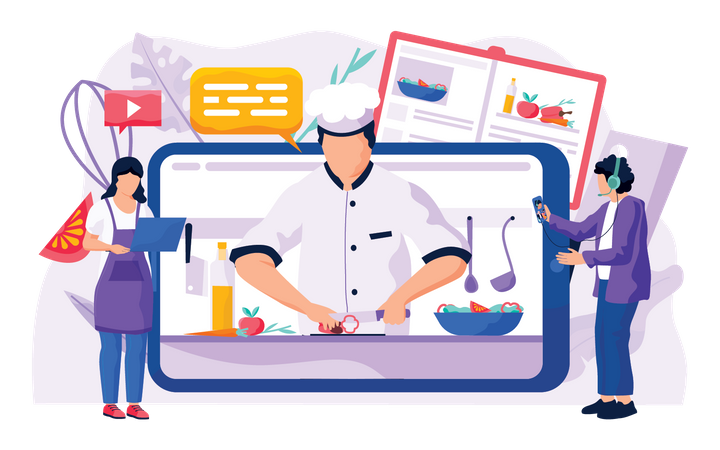 Menschen lernen Kochen im Online-Kurs  Illustration