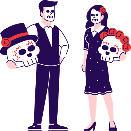Menschen mit Make-up und Kostümen in Form von Zuckerschädeln  Illustration