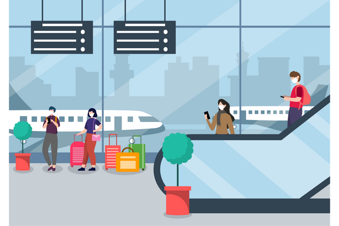 Menschen mit Masken stehen am Flughafen  Illustration