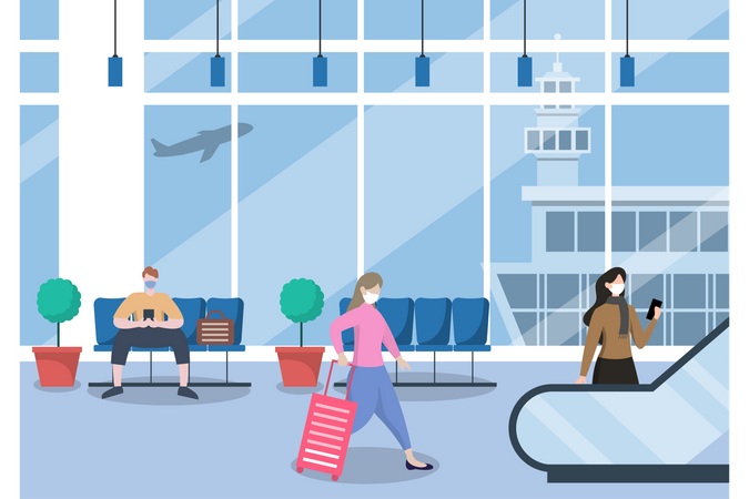 Menschen mit Masken stehen am Flughafen  Illustration