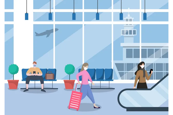 Menschen mit Masken stehen am Flughafen  Illustration