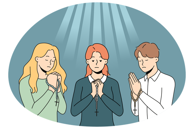 Menschen beten mit dem Rosenkranz und bitten um ein gutes Schicksal.  Illustration