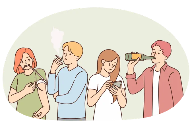 Menschen mit schlechten Gewohnheiten leiden unter Alkoholsucht und nehmen Drogen wegen sozialer Probleme  Illustration