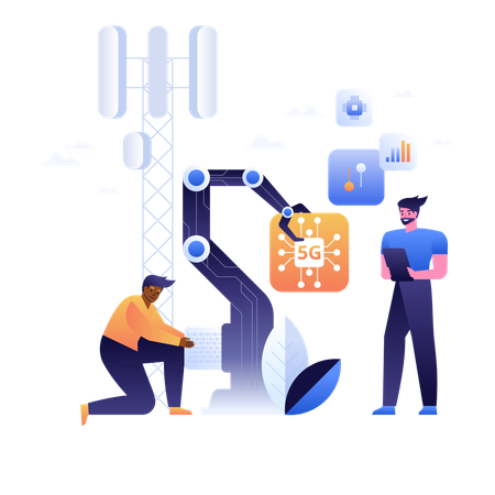 Menschen, die das 5G-Netzwerk zum Anordnen von Blöcken verwenden  Illustration