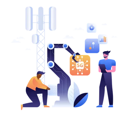 Menschen, die das 5G-Netzwerk zum Anordnen von Blöcken verwenden  Illustration