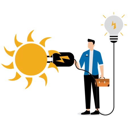 Menschen nutzen die Sonne, um Glühbirnen aufzuladen  Illustration