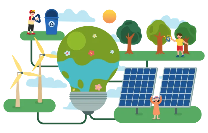 Menschen, die erneuerbare Energiequellen nutzen  Illustration