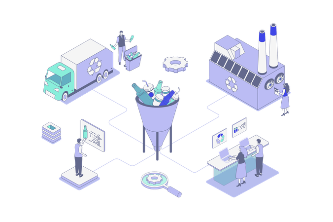 Menschen, die den Müll sammeln und ihn für den Recyclingprozess in der Fabrik trennen  Illustration