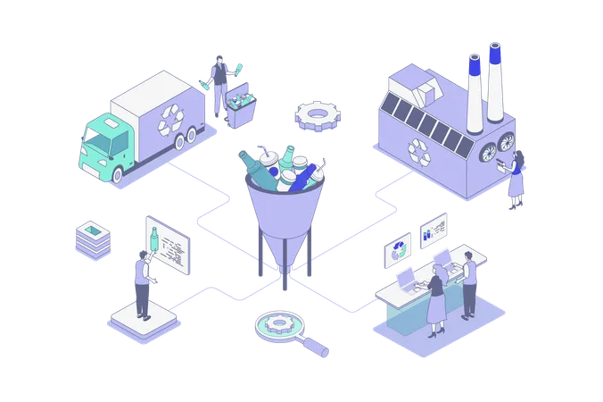 Menschen, die den Müll sammeln und ihn für den Recyclingprozess in der Fabrik trennen  Illustration