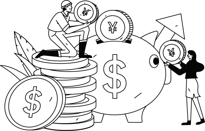 Menschen sparen Geld im Sparschwein  Illustration