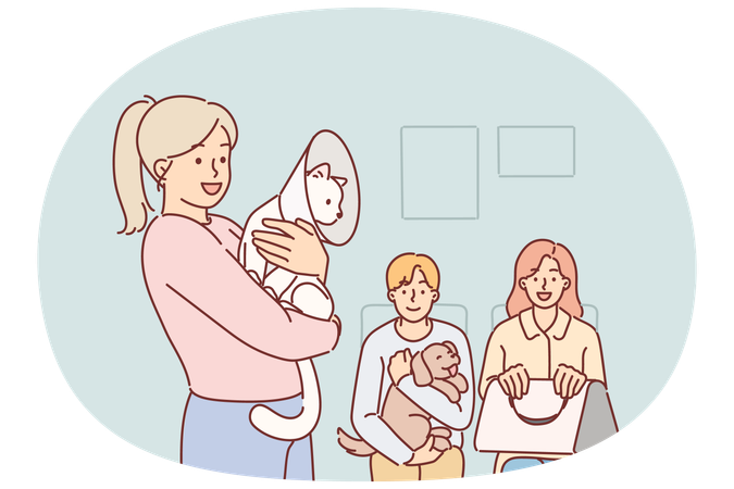 Menschen stehen mit Haustieren, die eine Behandlung oder Impfung benötigen, vor der Tierklinik Schlange  Illustration