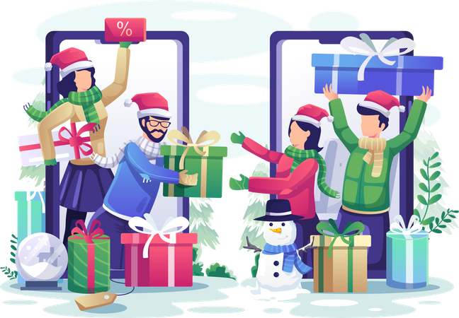 Menschen tauschen Weihnachtsgeschenke über Smartphones aus  Illustration