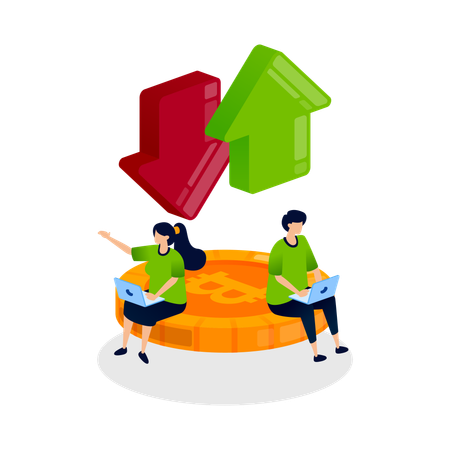 Menschen beobachten Auf- und Abwärtspfeile, um Gewinn und Verlust auf dem Kryptomarkt zu analysieren  Illustration