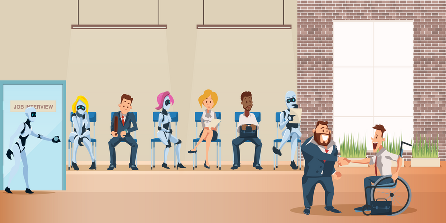 Menschen und Roboter stehen für Vorstellungsgespräch im Büro Schlange  Illustration