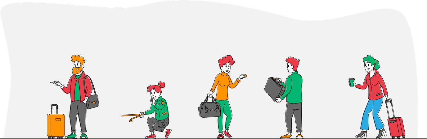 Menschen warten in der Warteschlange am Flughafen  Illustration
