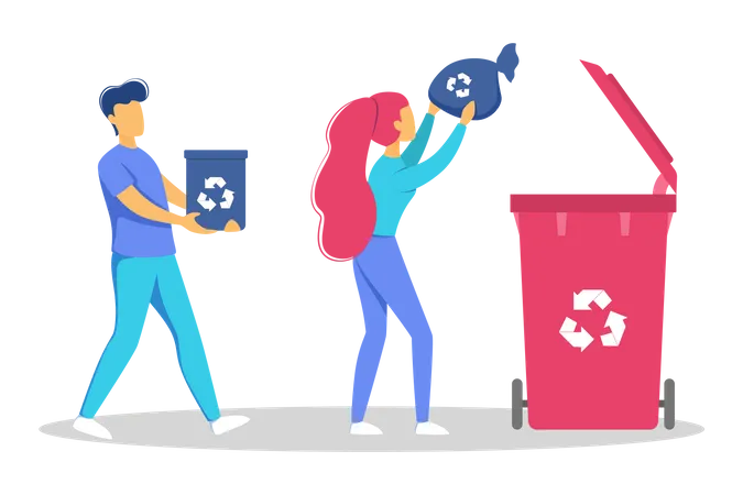 Menschen werfen Müll zum Recycling weg  Illustration