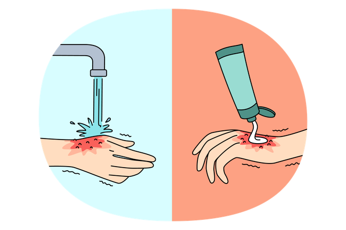 Menschliche Hand, die Creme aufträgt und mit Wasser aus dem Wasserhahn wäscht, spart tägliche Hygiene und heilt Verletzungen  Illustration