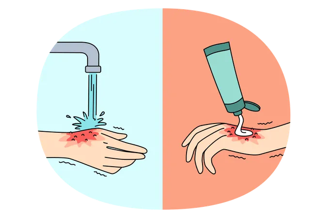 Menschliche Hand, die Creme aufträgt und mit Wasser aus dem Wasserhahn wäscht, spart tägliche Hygiene und heilt Verletzungen  Illustration
