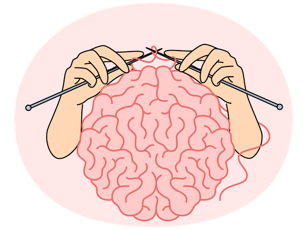 Menschliches Gehirn und Hände mit Stricknadeln als Metapher für die intellektuelle Entwicklung  Illustration