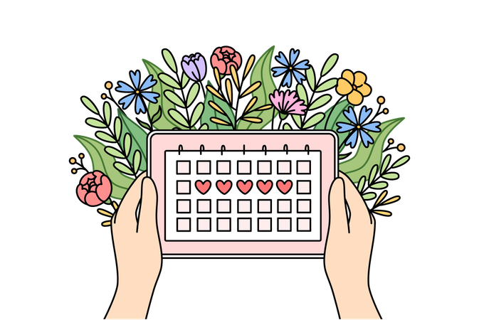 Menstrual cycle calendar in hands of woman and flowers for tracking of PMS days  Illustration
