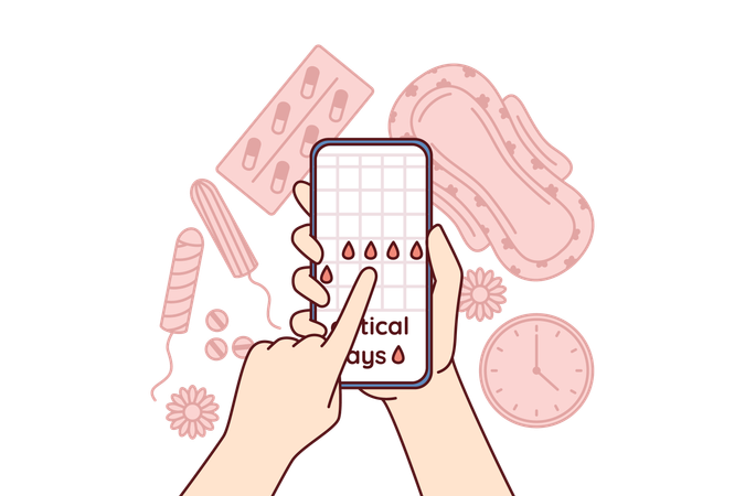 Menstruation cycle calendar in phone in hands near pads and tampons  イラスト