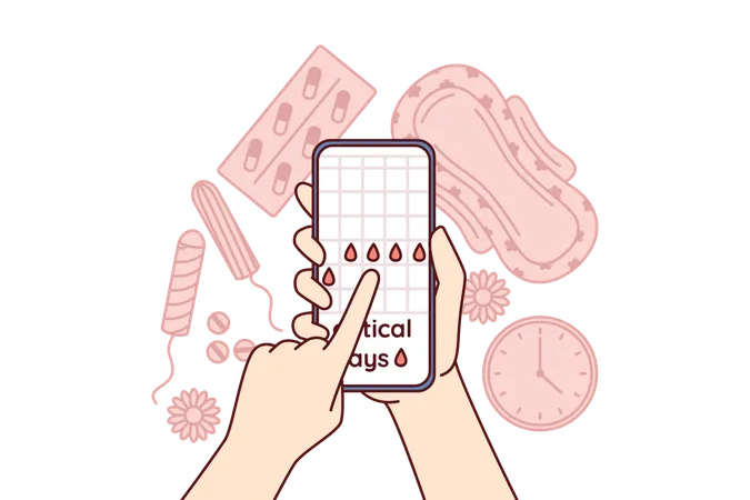 Menstruation cycle calendar in phone in hands near pads and tampons  Illustration
