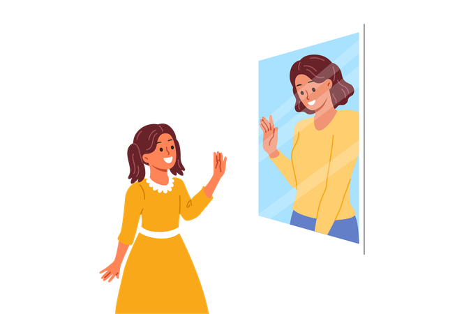 Mental connection between generations in form of little girl looking in mirror and seeing mother  イラスト