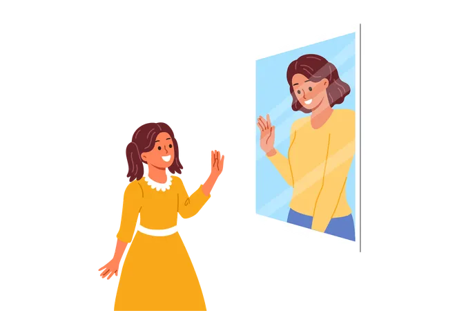 Mental Connection Between Generations In Form Of Little Girl Looking In Mirror And Seeing Mother Saying Hi Schoolgirl Dreams Of Becoming Adult And Sees Herself In Future After Change Of Generations Illustration