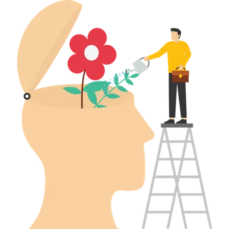 Personal Growth Tiny Man Watering That Growing Plant From The Brain As Metaphor Growth Personality Self Improvement And Self Development Concept Modern Flat Cartoon Style Vector Illustration 일러스트레이션