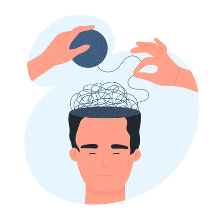 Mental Health Help And Care Thoughts And Mind Recovery Vector Illustration Cartoon Psychologists Hands Pulling Thread From Tangled Knot Inside Open Abstract Human Head With Sad Depressed Face Illustration